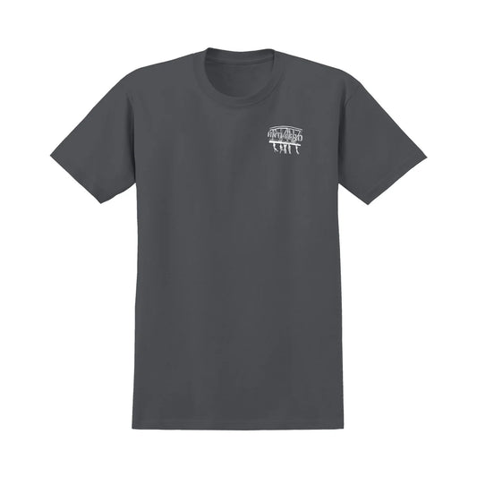Gray t-shirt with a logo on the chest against a white background