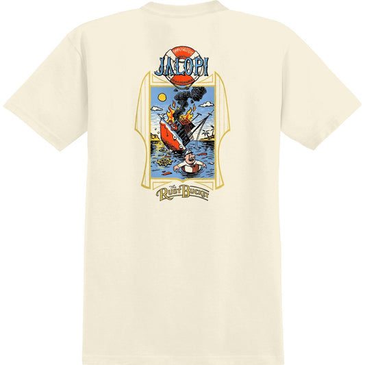 Beige t-shirt with a colorful graphic on the back featuring a cartoon character and text.