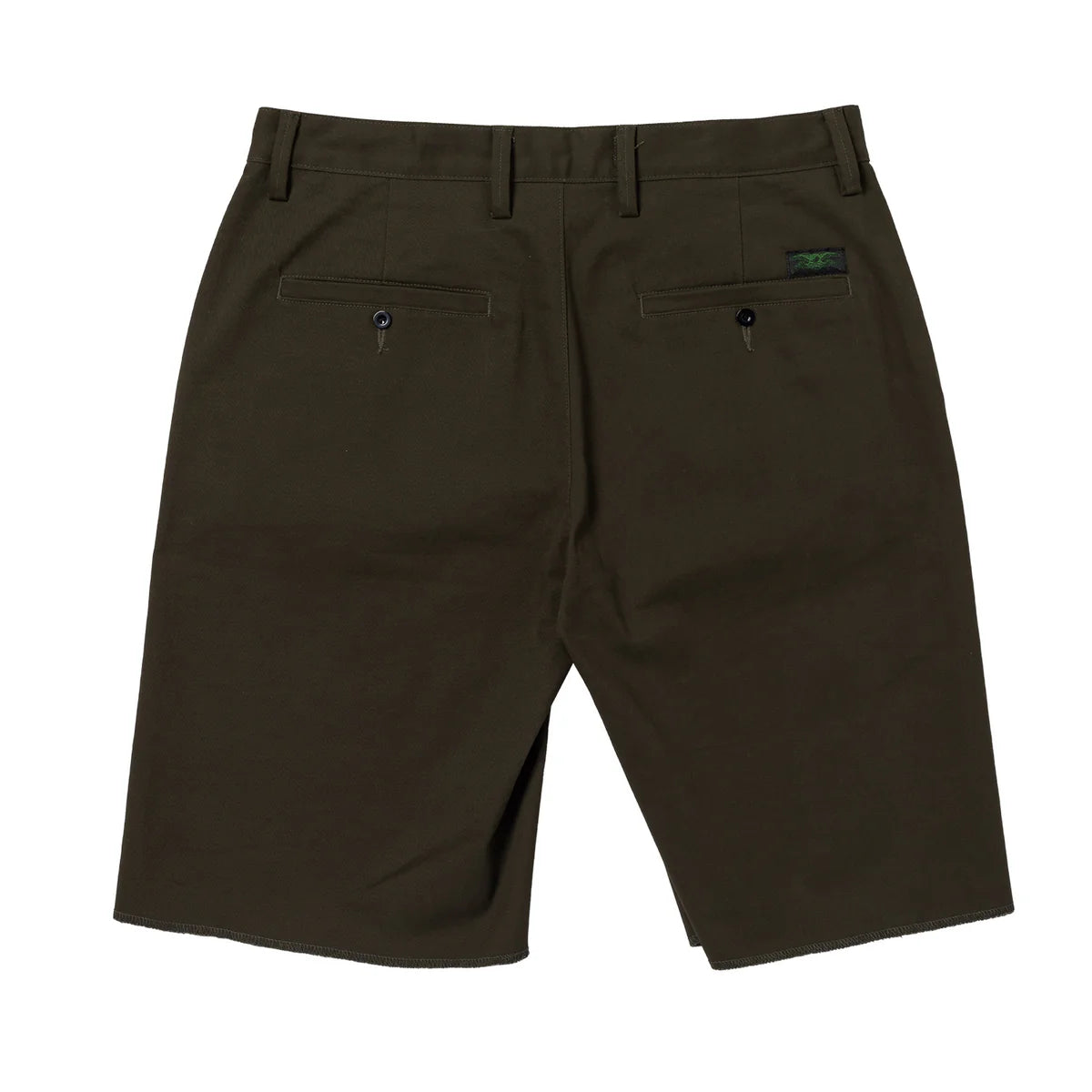 dark green shorts with a brand logo on a white background