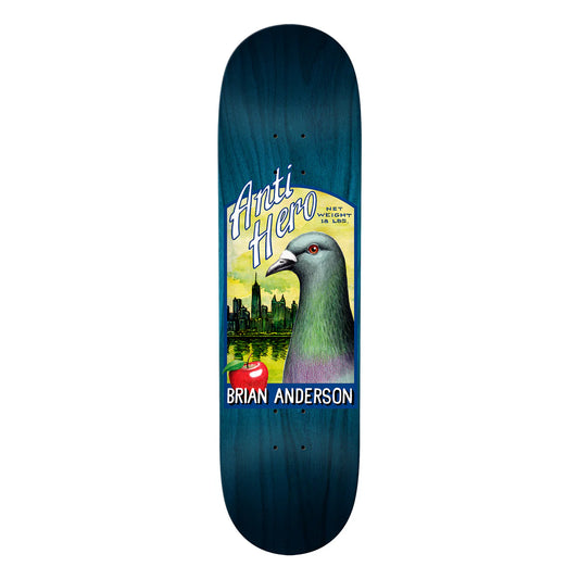 Skateboard deck with a pigeon design and 'Anti Hero' branding on a white background