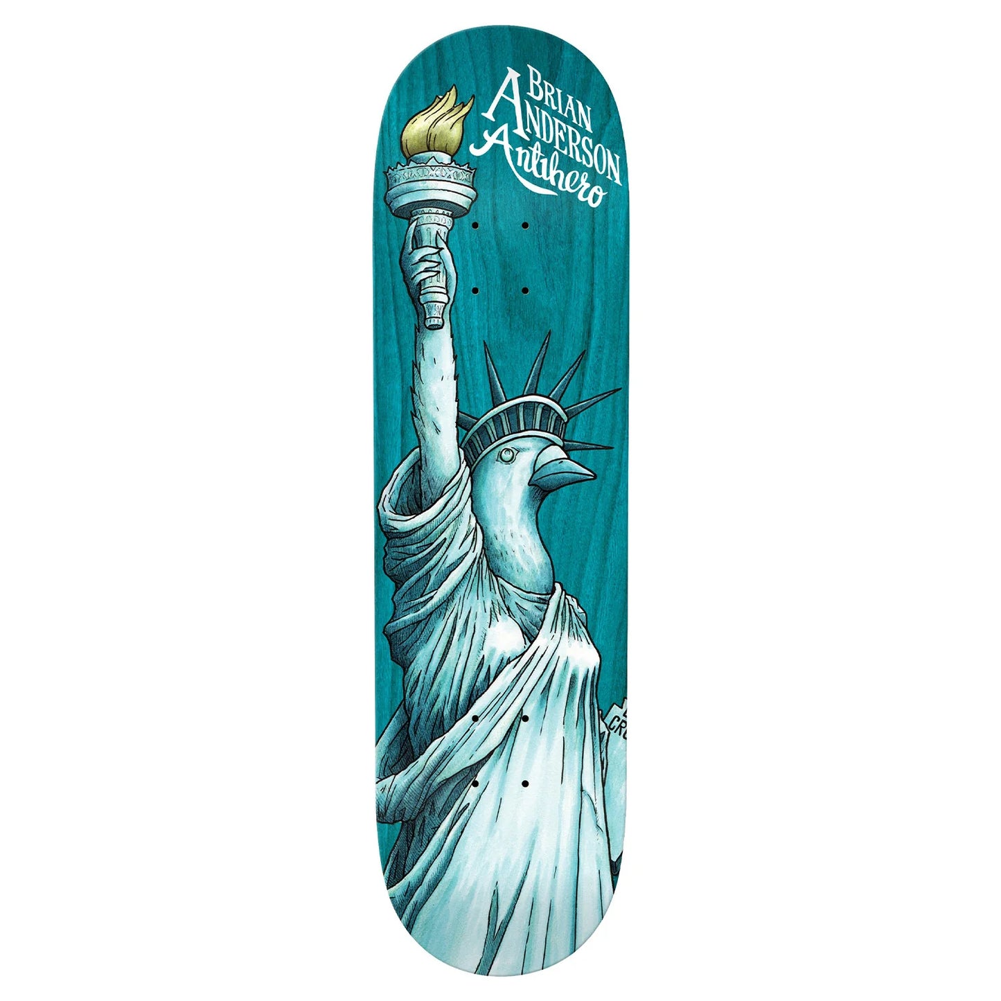 Skateboard deck with a design of the Statue of Liberty on a teal background