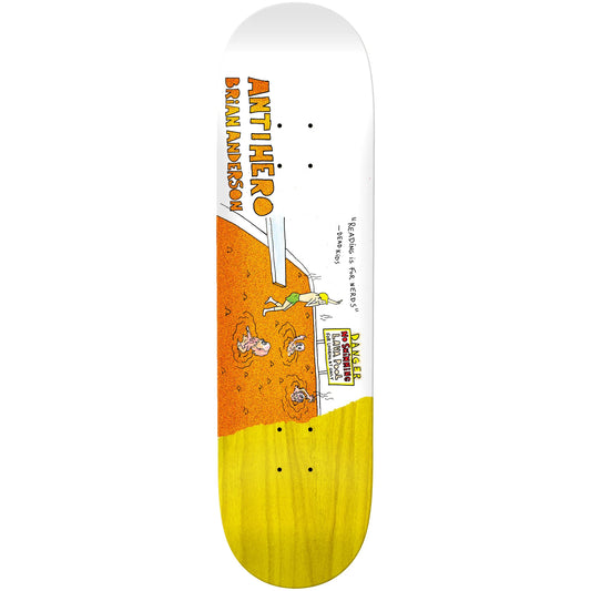 A full-size skateboard deck featuring a white top sheet with a graphic design. The design has a large orange section with cartoon illustrations and the text 'ANTI HERO BRAIN anderson' in orange, a yellow lower section, and a small black-and-white comic panel.