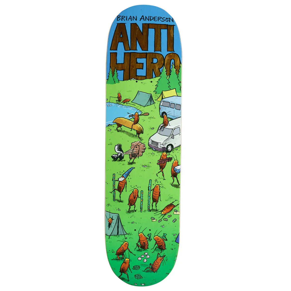 A full-size skateboard deck featuring a colorful cartoon illustration by Brian Anderson for Anti Hero. The graphic depicts a whimsical camping scene with trees, tents, a camper van, and various insect characters on a green grassy field under a blue sky, with the 'ANTI HERO' brand name in large brown letters at the top.