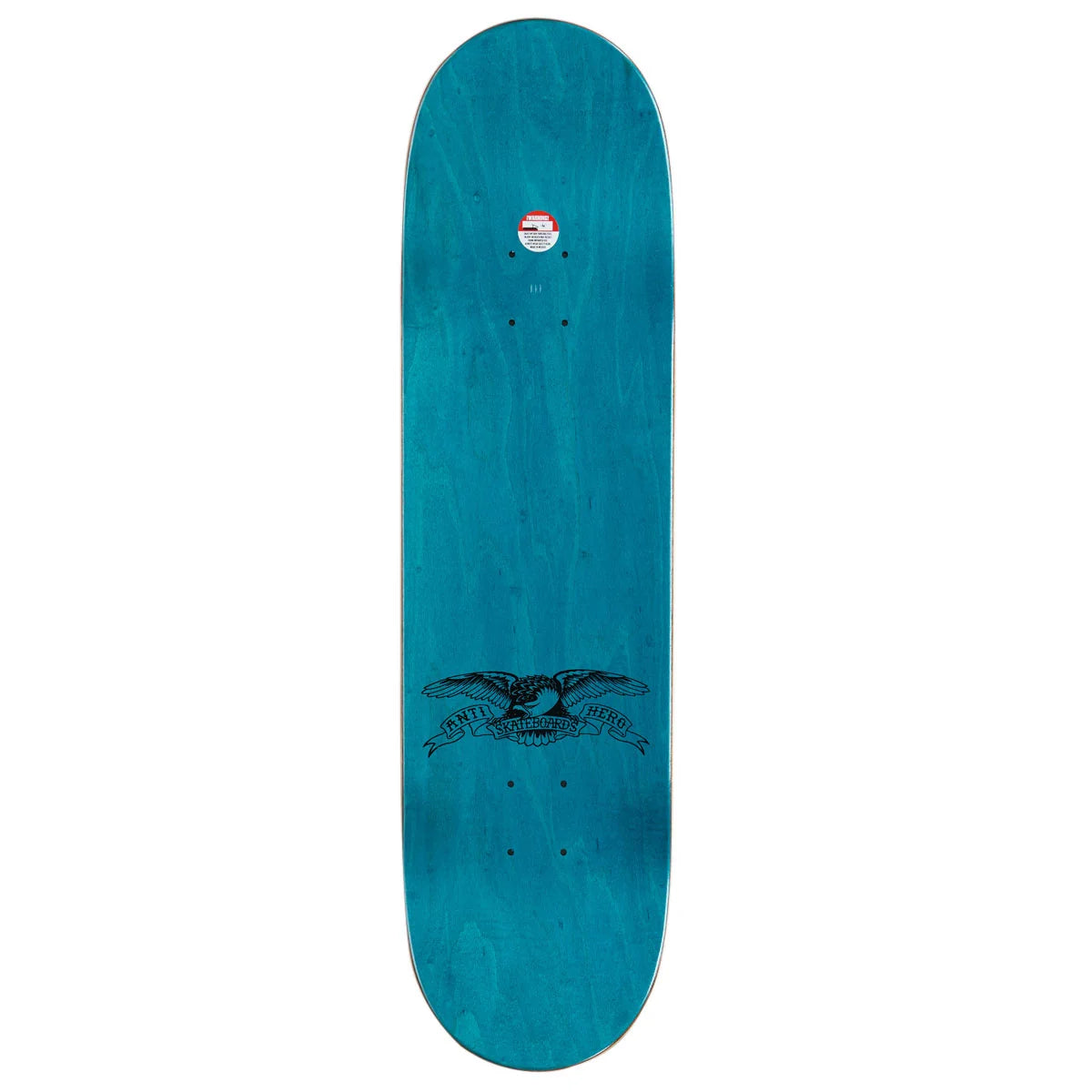 A teal blue skateboard deck with a black eagle graphic and the text 'antihero' printed on the bottom, shown against a plain white background.