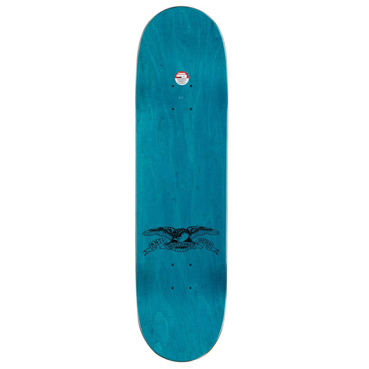 A teal blue skateboard deck with a black eagle graphic and the text 'antihero' printed on the bottom, shown against a plain white background.