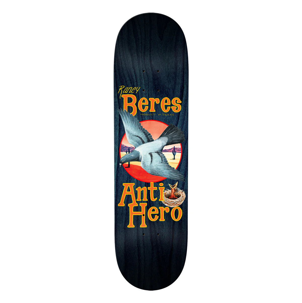 Skateboard deck with 'Anti Hero' branding and a graphic of a bird and nest.