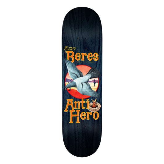 Skateboard deck with 'Anti Hero' branding and a graphic of a bird and nest.