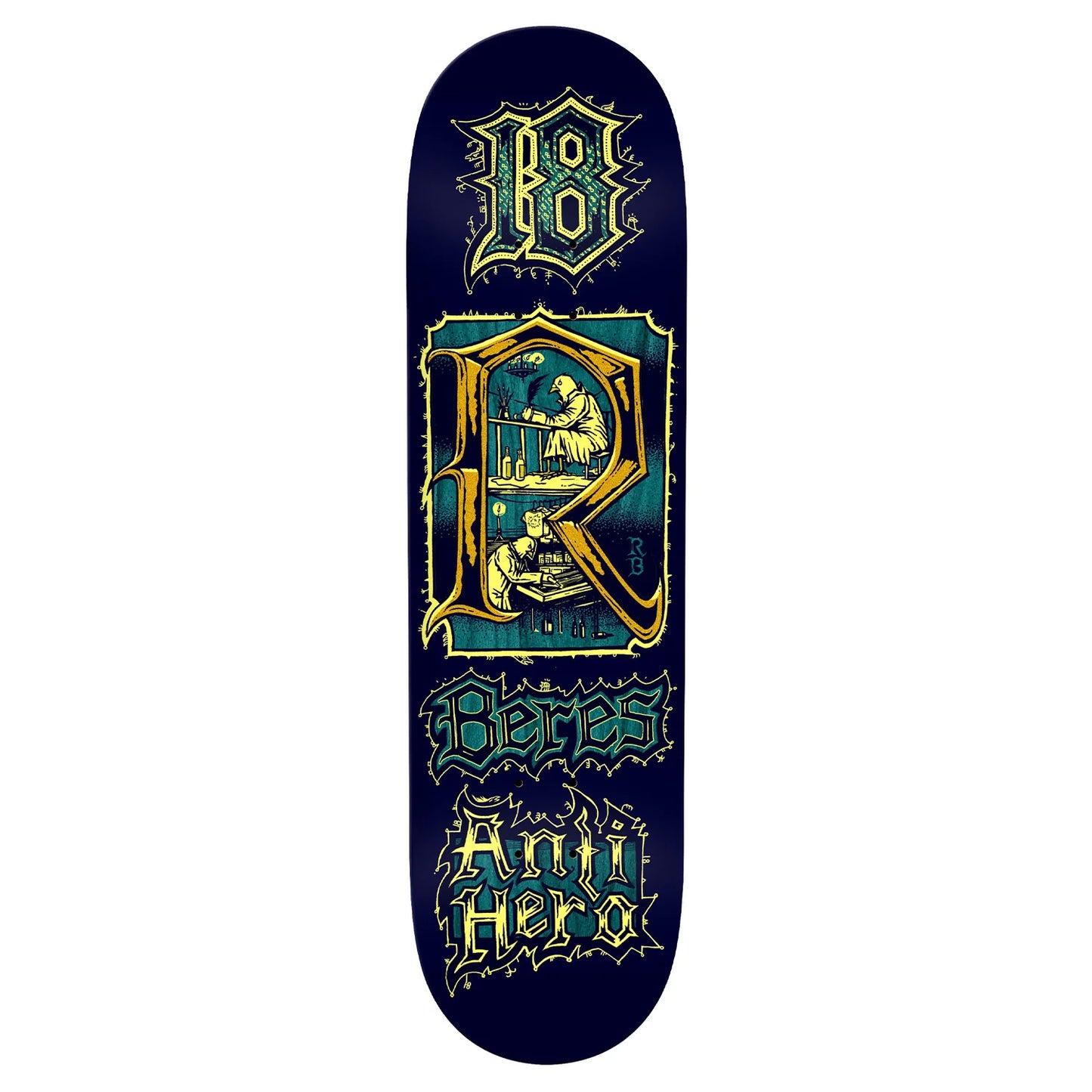 Skateboard deck with decorative design and text on a white background