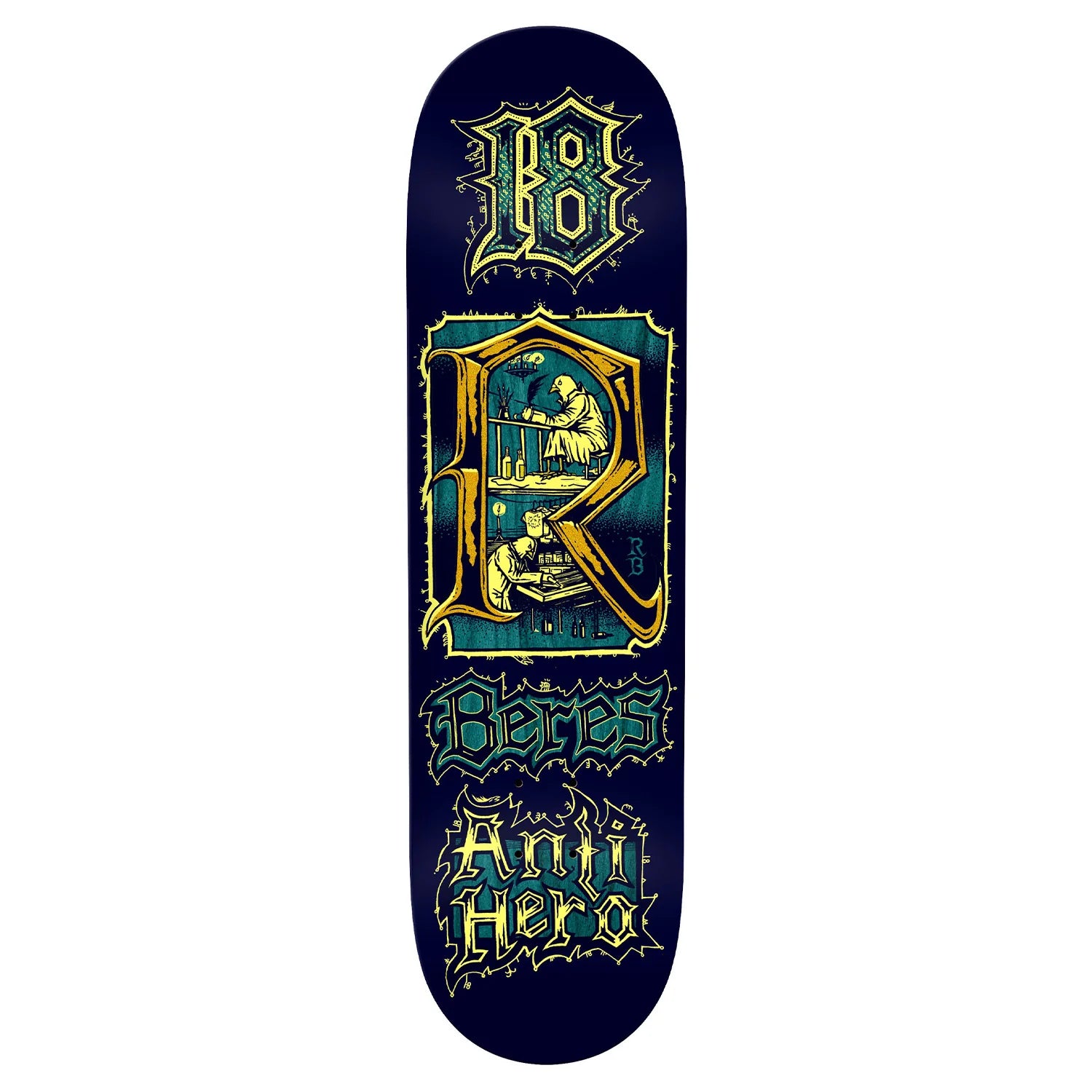 Skateboard deck with decorative design and text on a white background