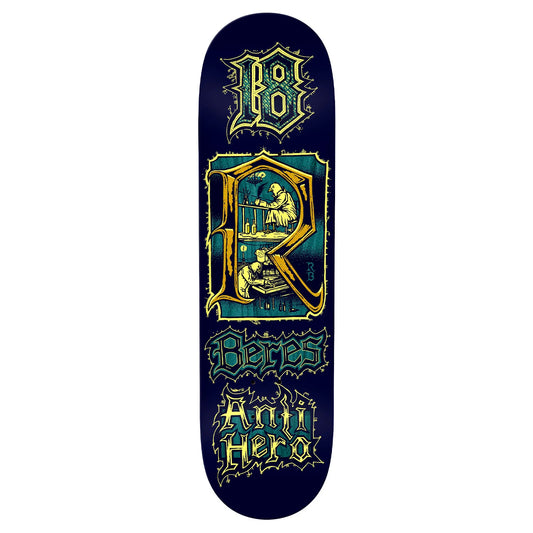 Skateboard deck with decorative design and text on a white background