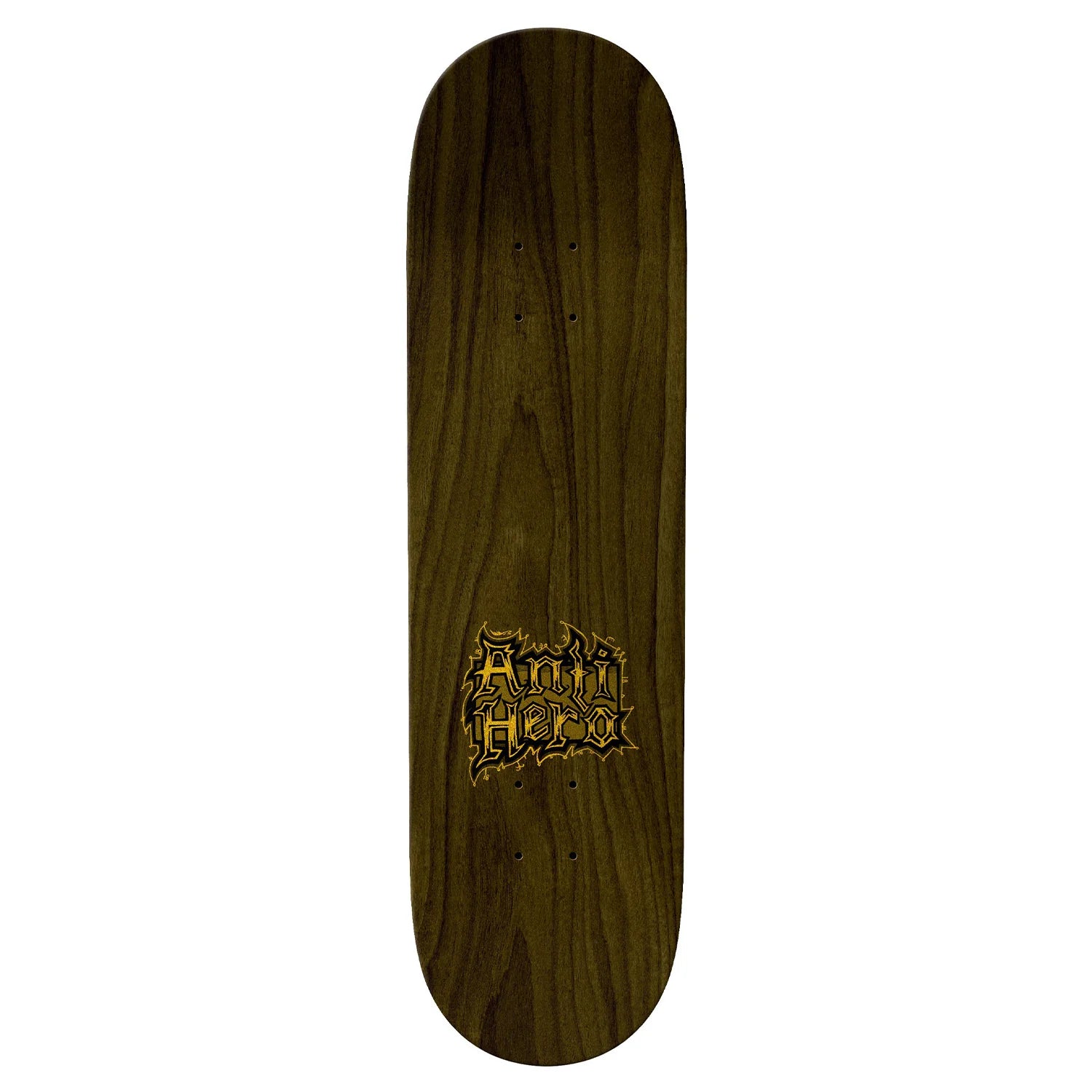 Wooden skateboard deck with a logo on a white background