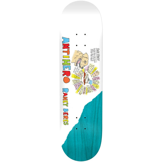 A skateboard deck shown vertically against a plain white background. The deck has a white upper section with a colorful illustrated graphic and vertical text reading 'ANTHERO' and 'raney beres', plus a large teal wood-grain section at the bottom.