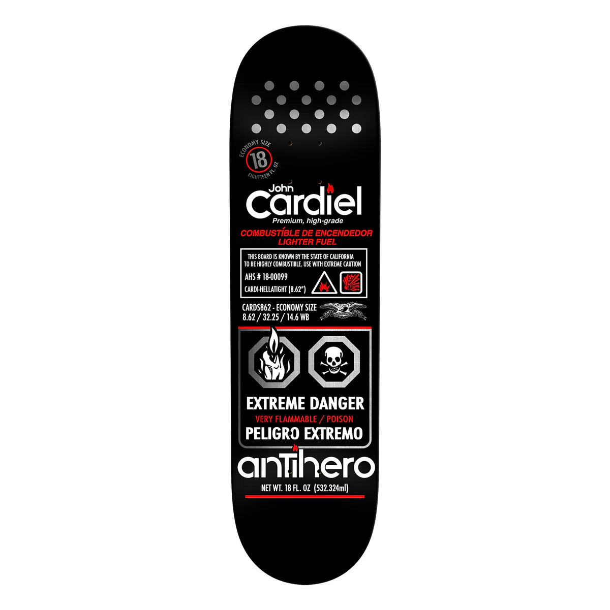 Skateboard deck with John Cardiel and Antihero branding on a white background