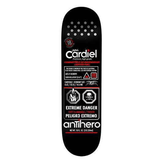 Skateboard deck with John Cardiel and Antihero branding on a white background