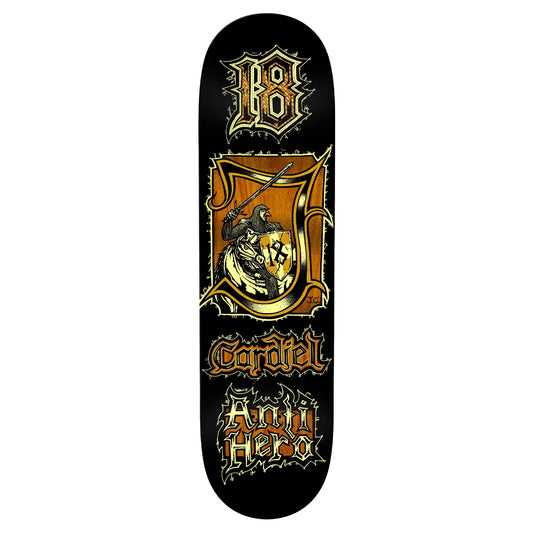 Skateboard deck with intricate design and text on a black background