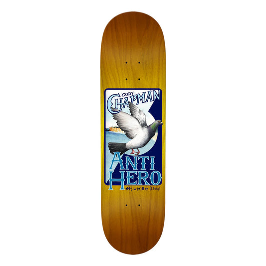 Skateboard deck with a graphic of a dove and text on a wooden background