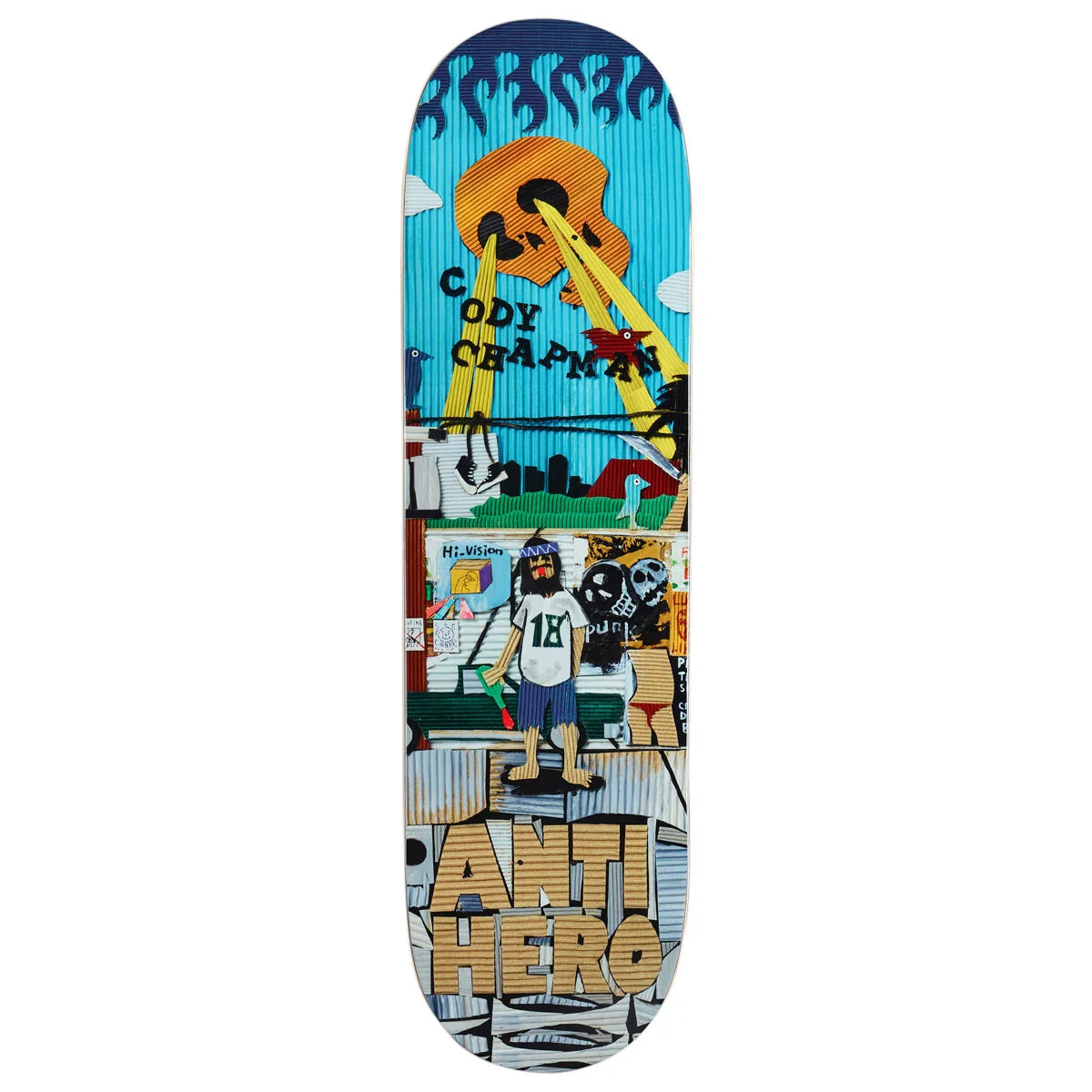 An Anti Hero Cody Chapman skateboard deck featuring a highly detailed, multi-panel comic-style graphic print with a blue striped background, a skull, a figure in a white shirt, and bold 'ANTI HERO' branding at the bottom.