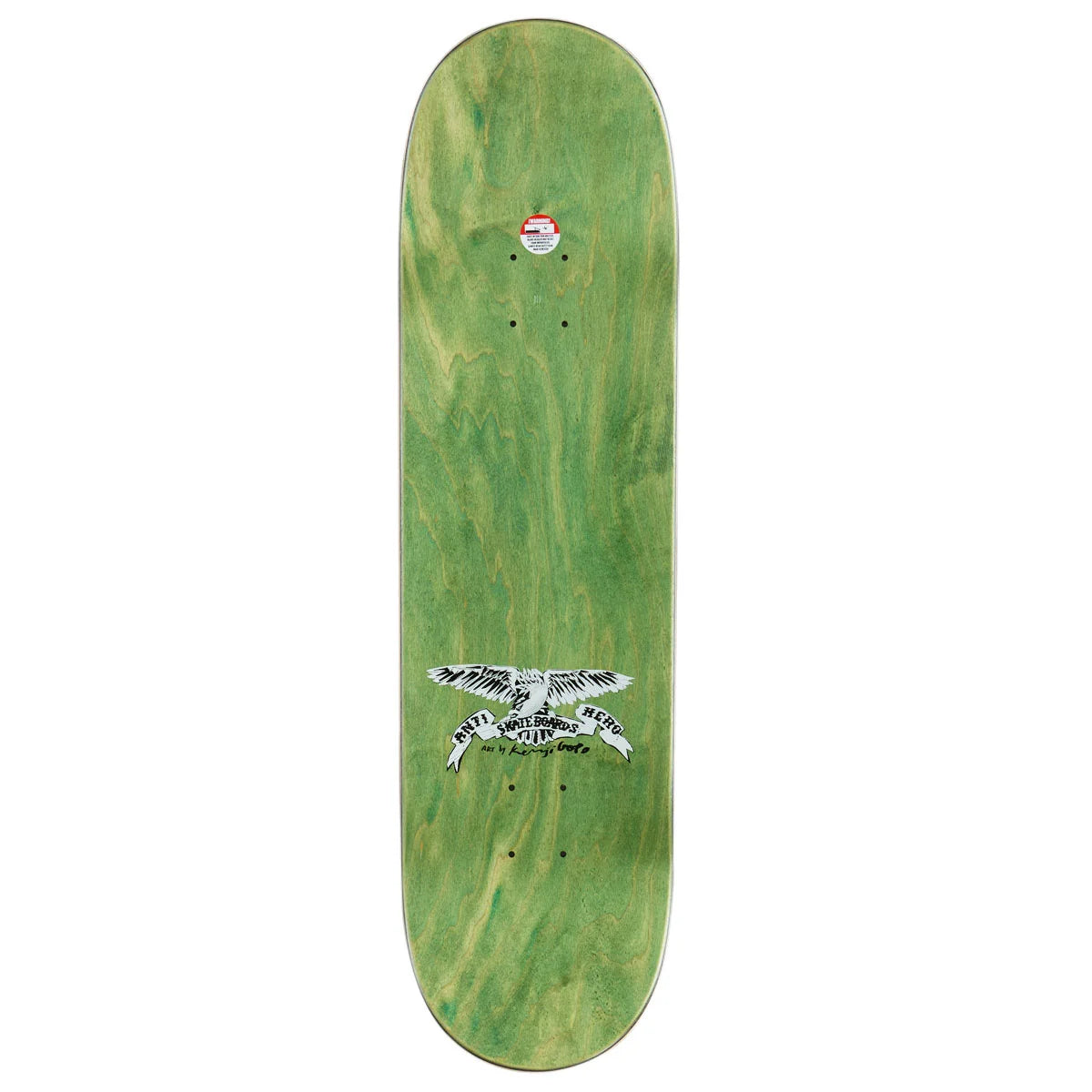 A skateboard deck with a green wood-grain finish, featuring a white and black graphic of a bird with wings spread near the bottom, and a small red and white sticker near the top.