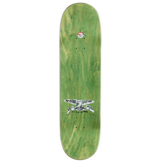 A skateboard deck with a green wood-grain finish, featuring a white and black graphic of a bird with wings spread near the bottom, and a small red and white sticker near the top.