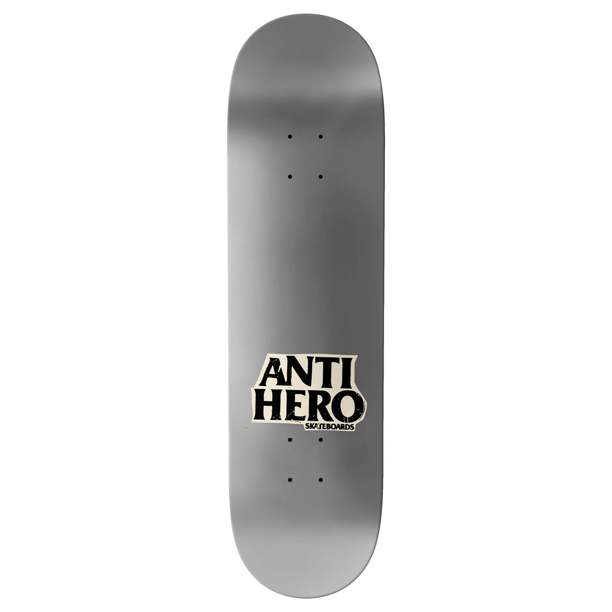 A silver skateboard deck with a black and white 'ANTI HERO' logo printed in the center, shown against a plain white background.
