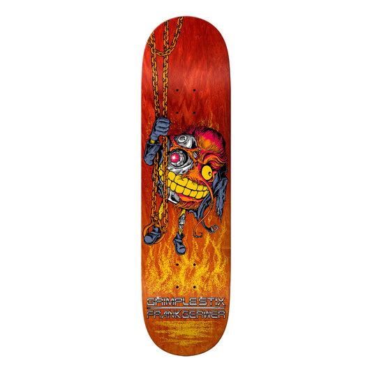 Skateboard deck with a colorful design of a character holding a chain on a white background