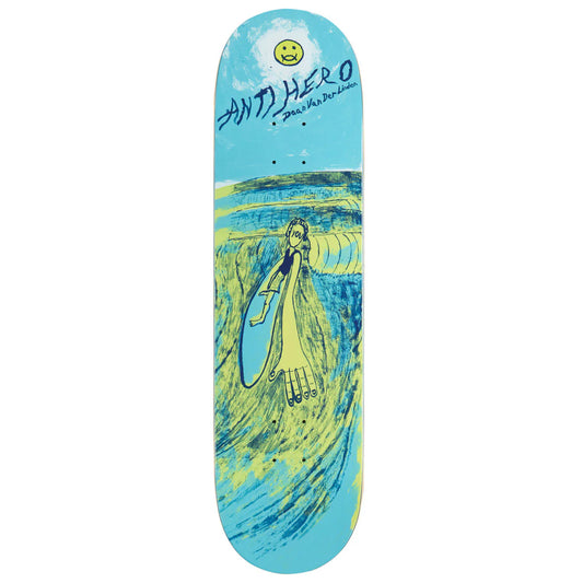 A skateboard deck featuring a light blue background with a yellow smiley face logo at the top, the text 'ANTI HERO' and 'Santa Monica' in blue, and a hand-drawn illustration of a surfer riding a wave in yellow and blue tones.