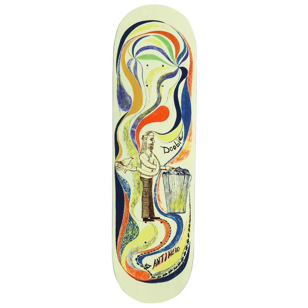 A skateboard deck with a cream-colored base and a colorful abstract graphic design featuring a figure, a trash can, and stylized swirls of blue, green, yellow, orange, and red. The words 'Drake' and 'Antifascist' are written on the design.