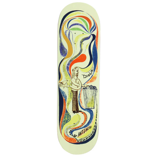 A skateboard deck with a cream-colored base and a colorful abstract graphic design featuring a figure, a trash can, and stylized swirls of blue, green, yellow, orange, and red. The words 'Drake' and 'Antifascist' are written on the design.