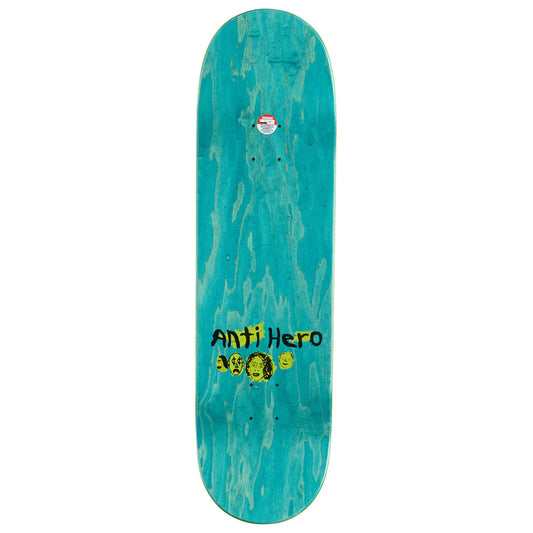 An Anti Hero skateboard deck featuring a vibrant turquoise and teal wood grain pattern with yellow and black graphic details near the bottom, shown against a plain white background.