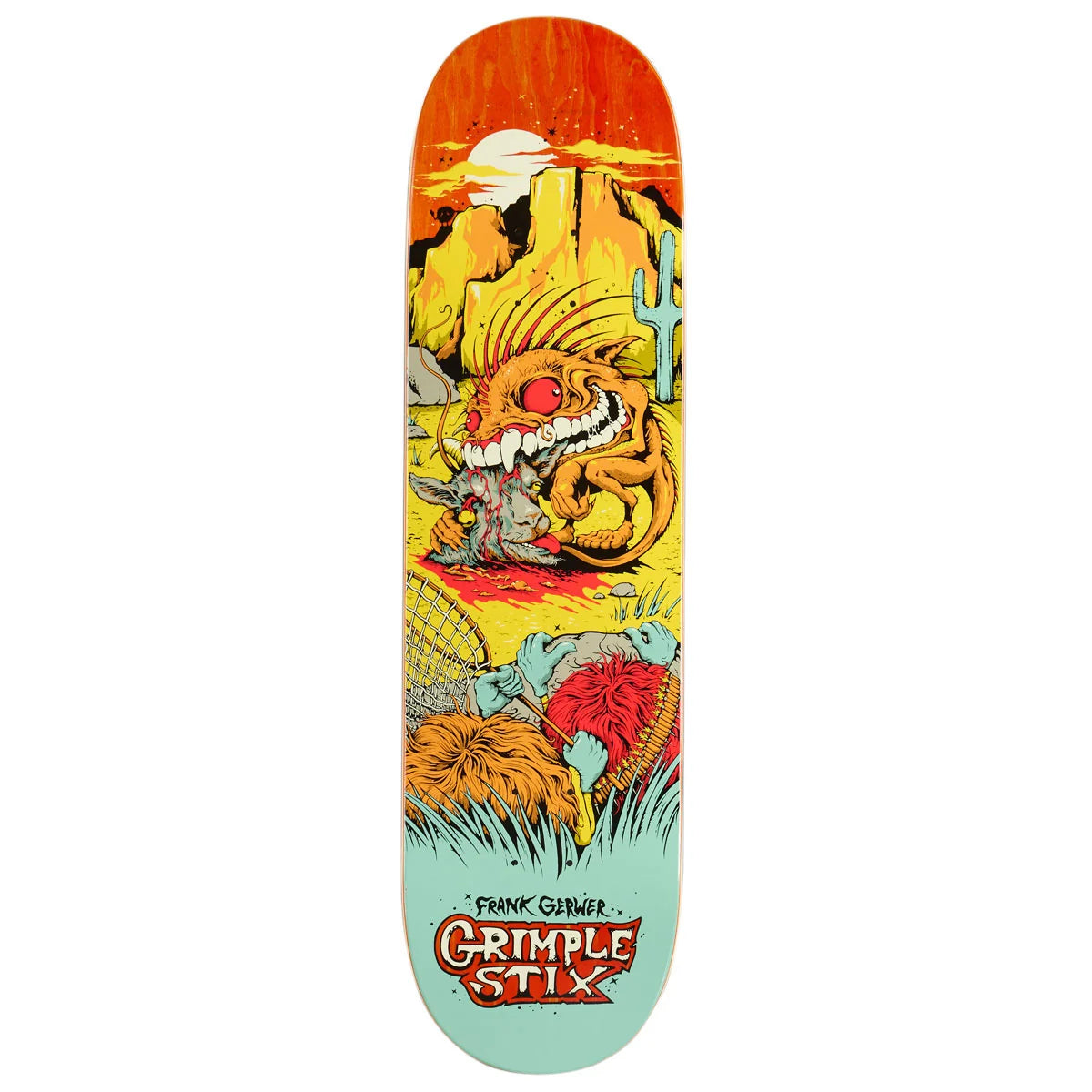 Grimple Stix skateboard deck featuring a colorful psychedelic illustration of a monstrous creature in a desert landscape, with the Grimple Stix logo at the bottom.