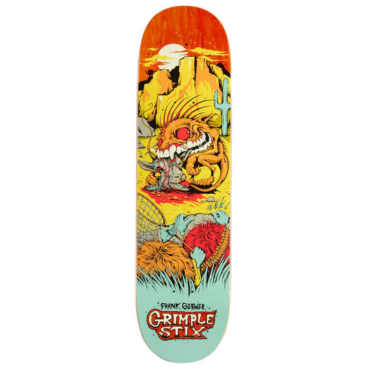 Grimple Stix skateboard deck featuring a colorful psychedelic illustration of a monstrous creature in a desert landscape, with the Grimple Stix logo at the bottom.