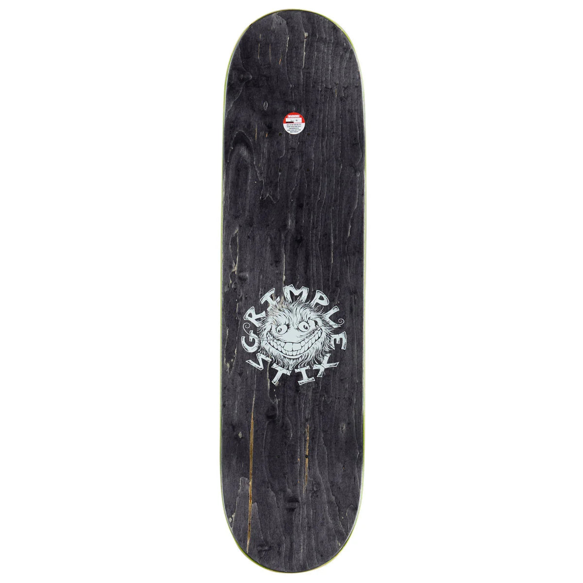 A dark wood skateboard deck with a black finish, featuring a white graphic of a cat's face surrounded by the text 'grimplestix' in the center, and a small red and white logo near the top edge.