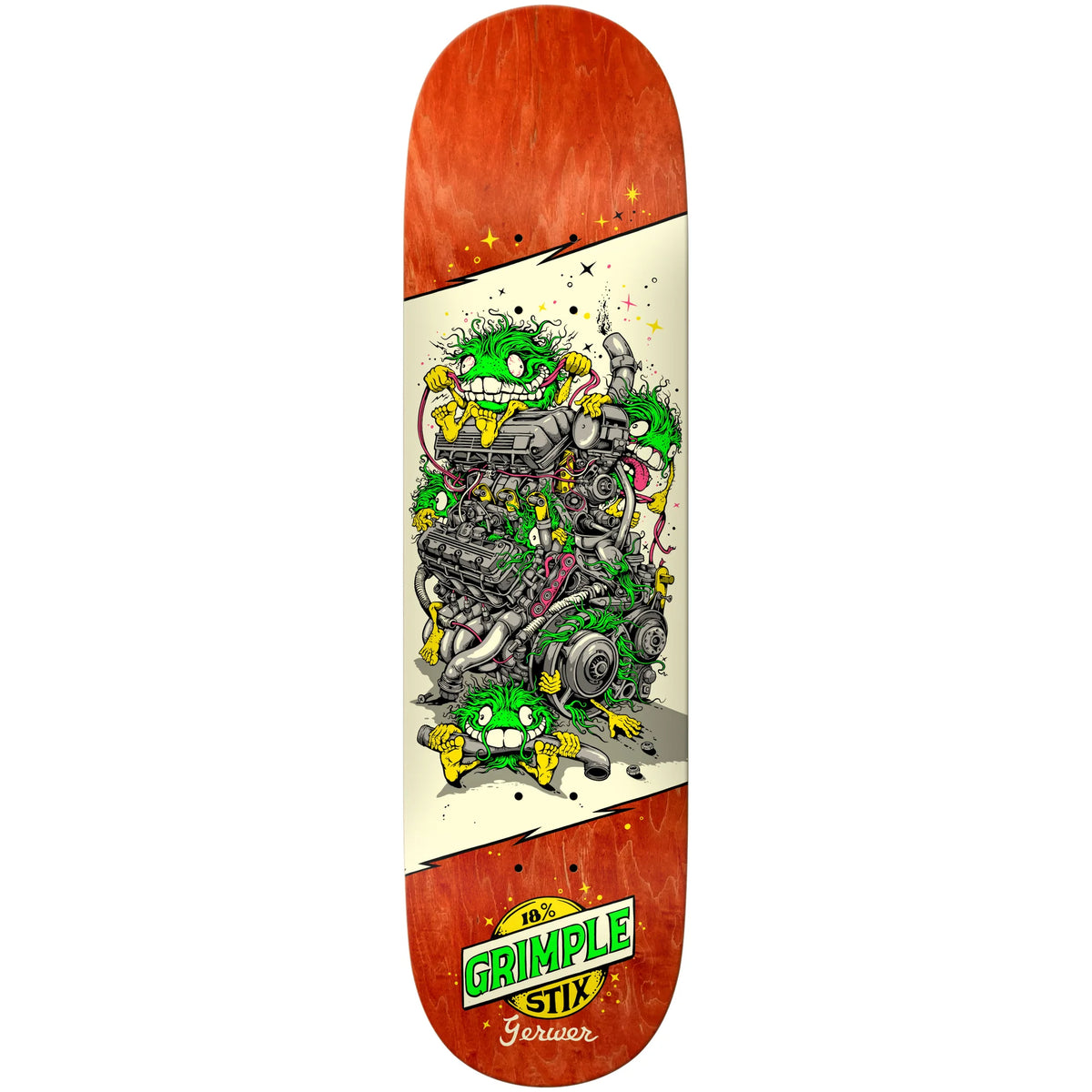 A skateboard deck shown vertically against a plain white background. The deck has a distressed orange-red top and bottom section with a cream center graphic featuring green cartoon monsters and mechanical details, plus a visible Grimple Stix gerwer logo near the bottom.