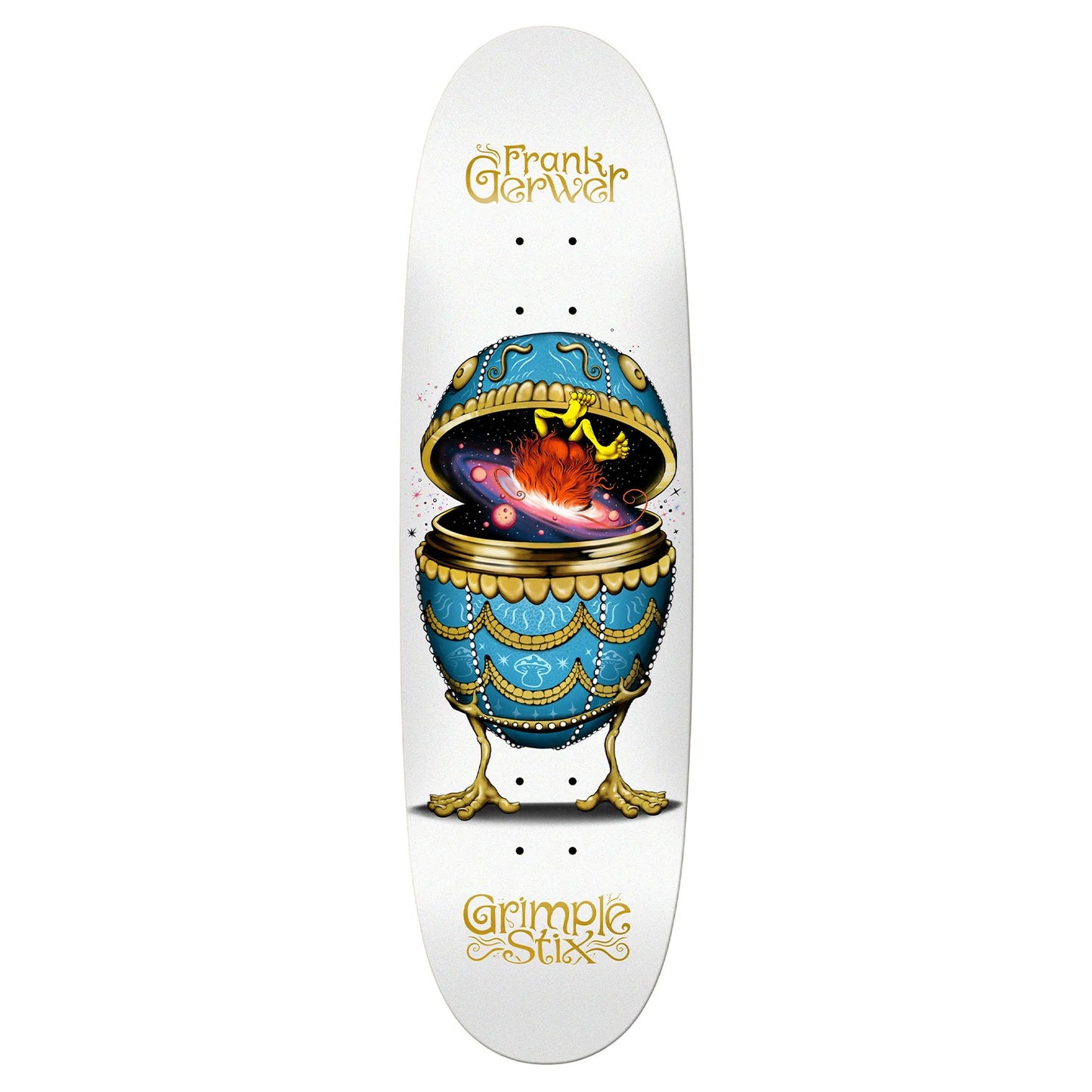 Skateboard deck with decorative design and branding on a white background