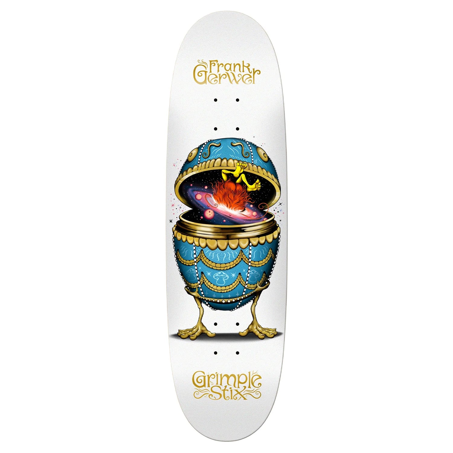 Skateboard deck with decorative design and branding on a white background