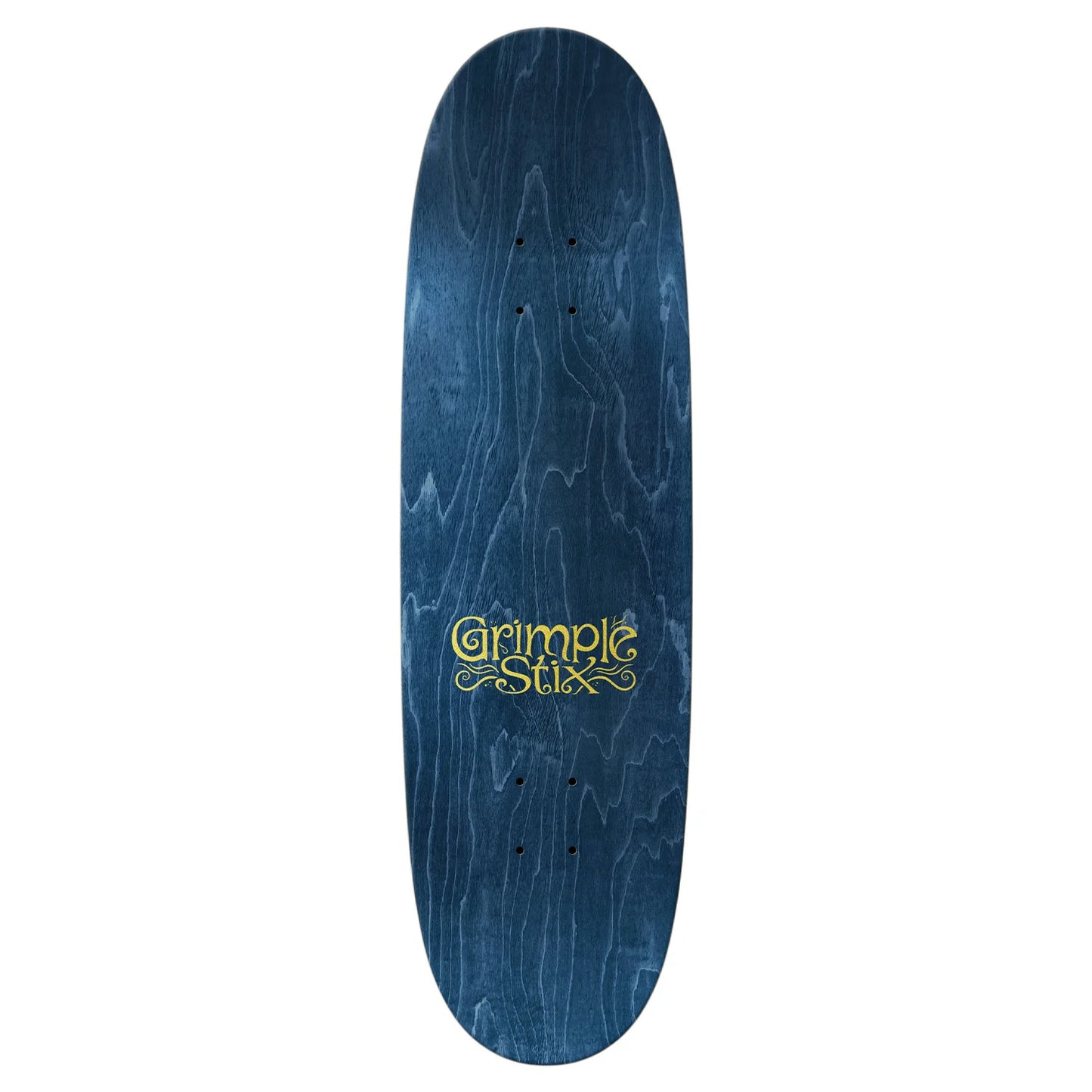 Blue skateboard deck with 'Grimple Stix' logo on a white background