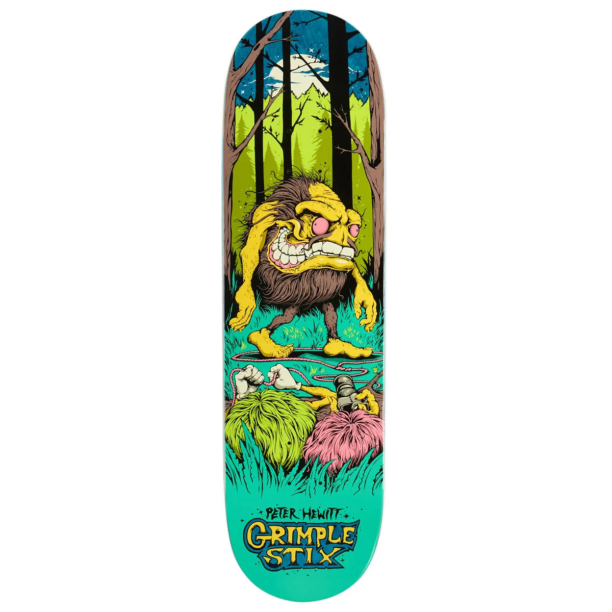 A skateboard deck featuring a colorful cartoon illustration of a grumpy monster in a forest, with the text 'Peter Hewitt Grimple Stix' printed at the bottom.