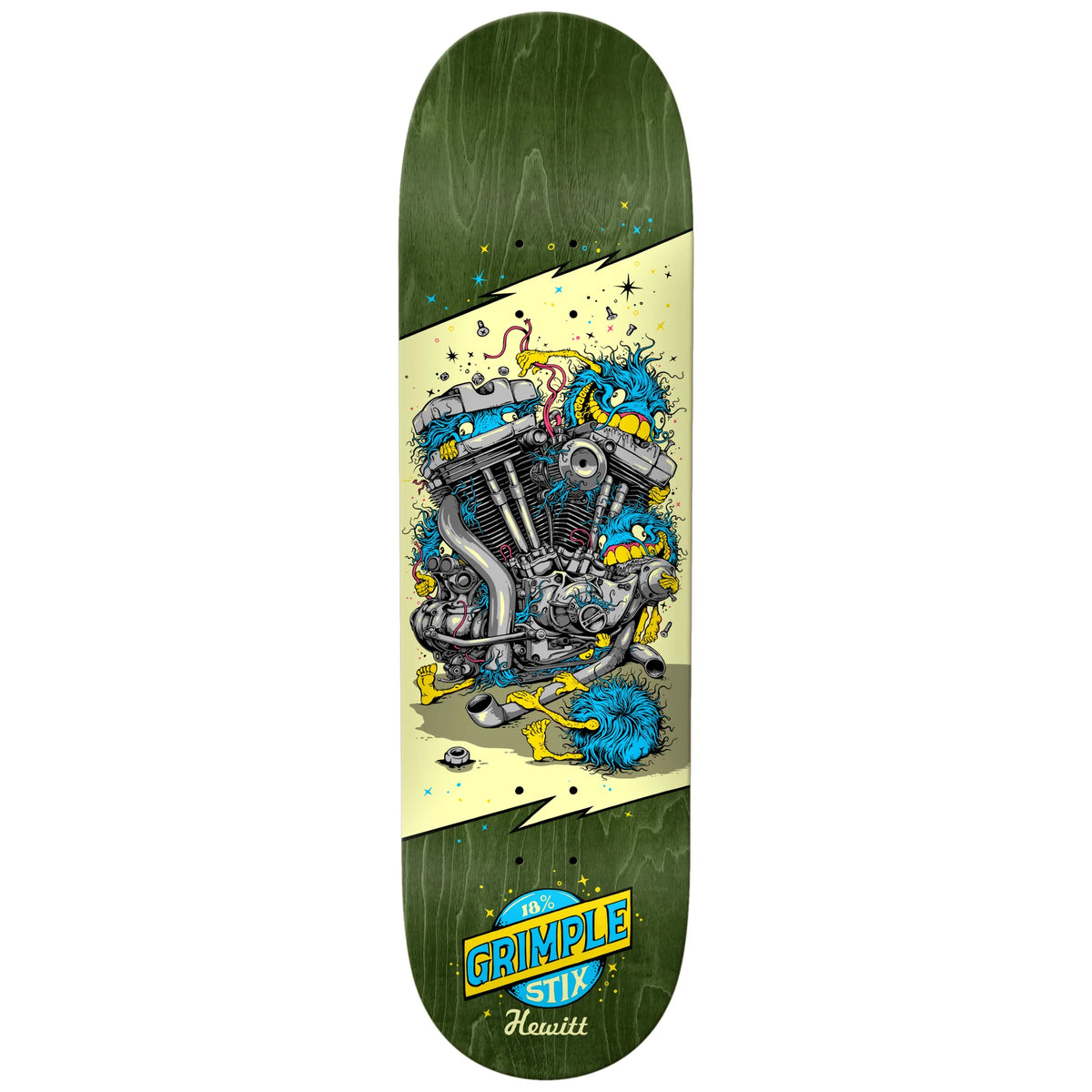 A skateboard deck with a dark green wood-grain background, featuring a large central graphic of a motorcycle engine with blue, yellow, and gray details on a cream-colored diagonal panel. The bottom section is dark green wood grain with a 'Grimple Stix' logo in blue and yellow.