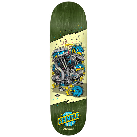 A skateboard deck with a dark green wood-grain background, featuring a large central graphic of a motorcycle engine with blue, yellow, and gray details on a cream-colored diagonal panel. The bottom section is dark green wood grain with a 'Grimple Stix' logo in blue and yellow.