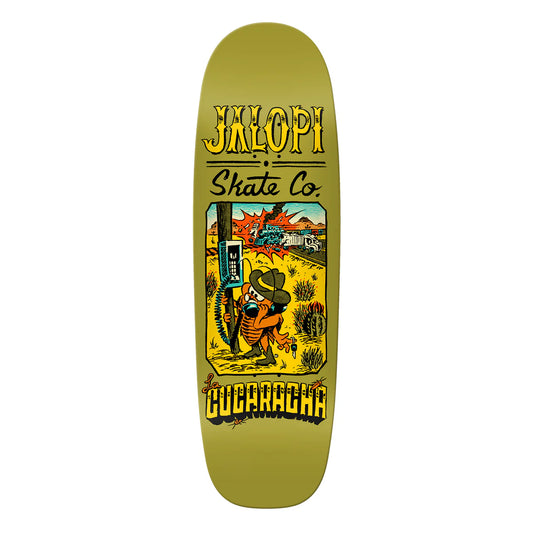 Skateboard deck with colorful design and text on a white background