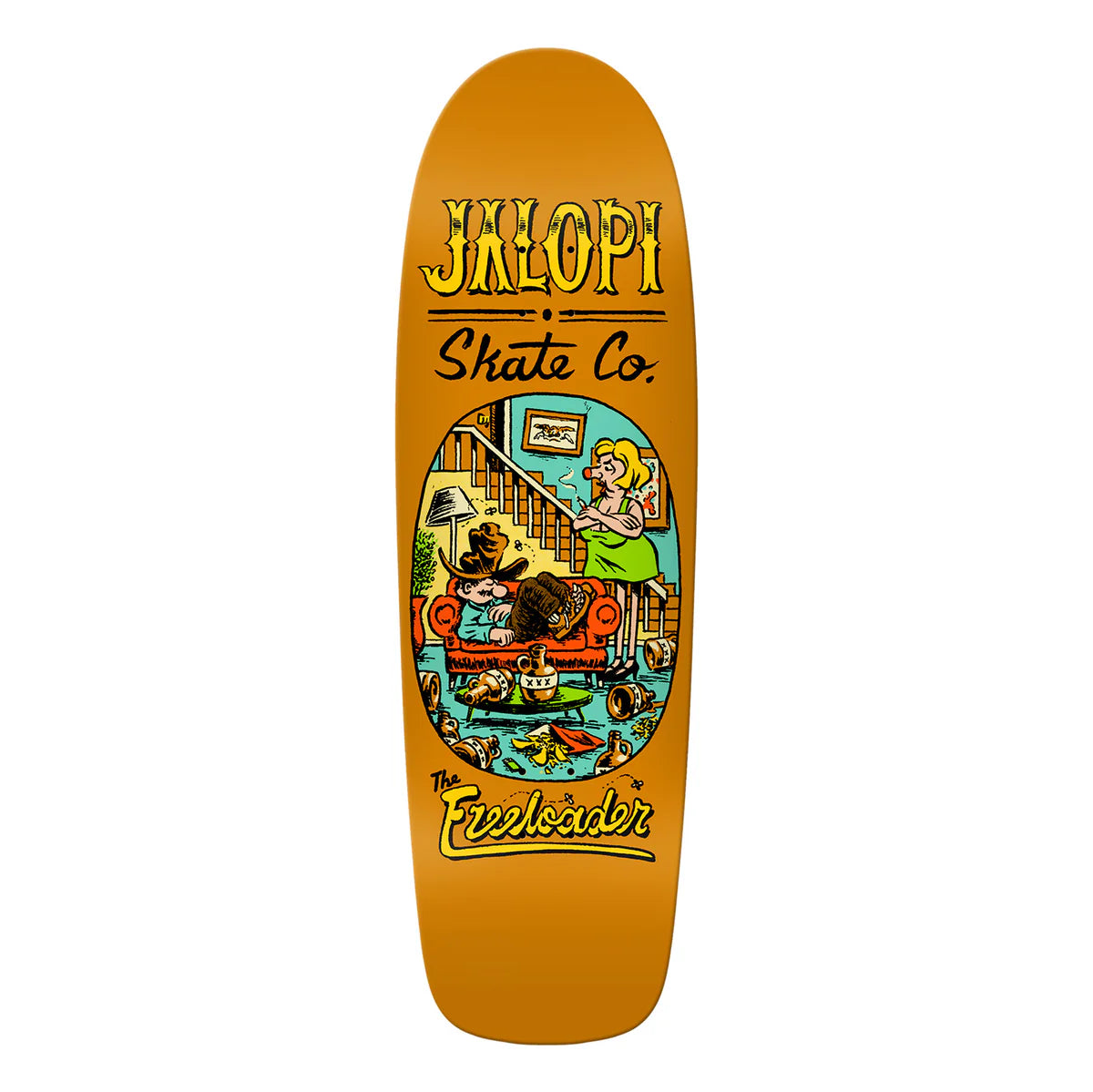 Skateboard deck with a vintage-style illustration and 'Sklopy Skate Co.' branding on a white background.