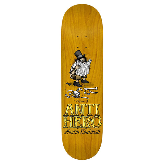 Skateboard deck with a graphic design and 'Anti Hero' branding on a white background