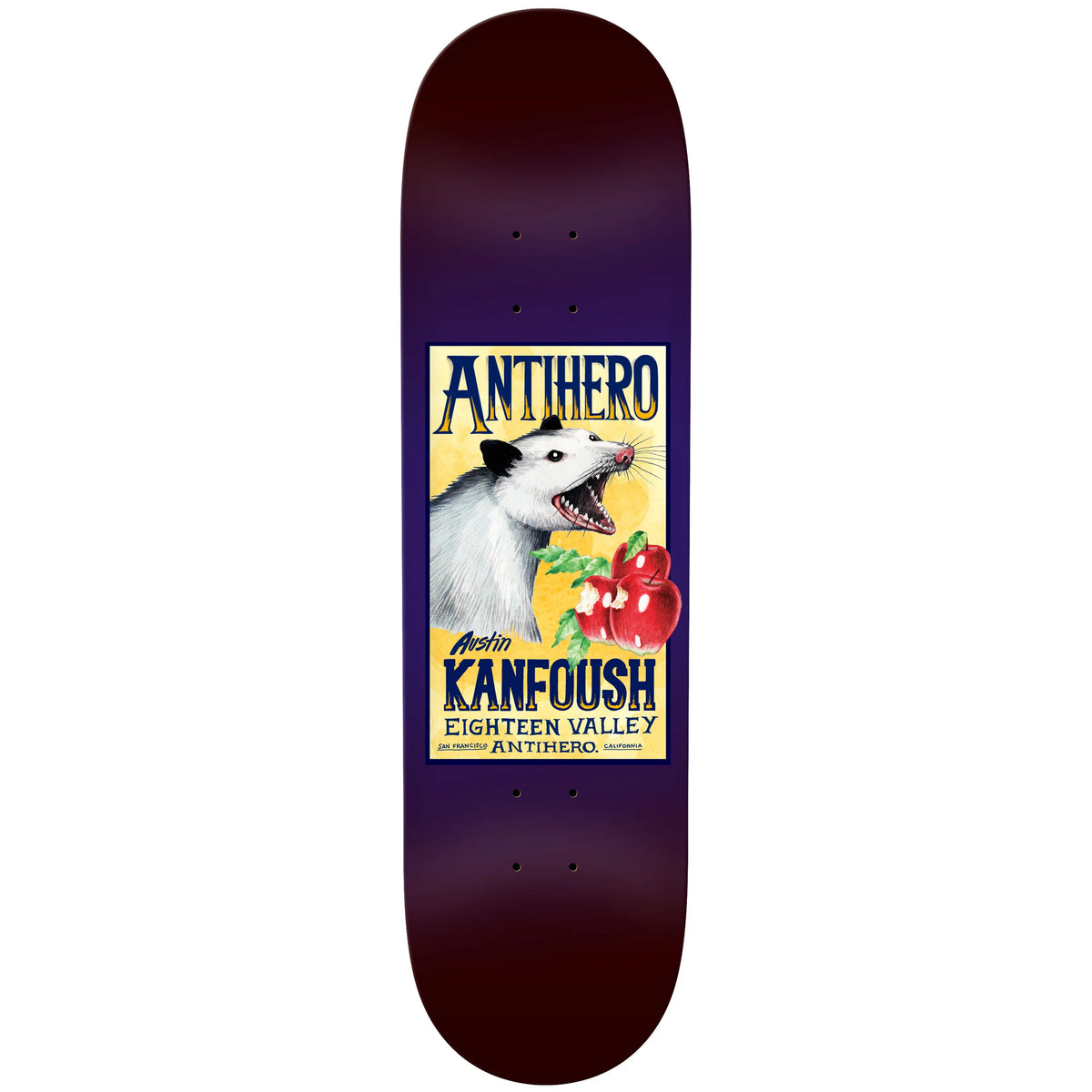 A skateboard deck with a dark purple-to-black gradient background and a large vintage-style graphic in the center featuring a white dog, red peppers, and the text 'ANTHERO' and 'austin KANFOUSH EIGHTEEN VALLEY ANTIHERO'.