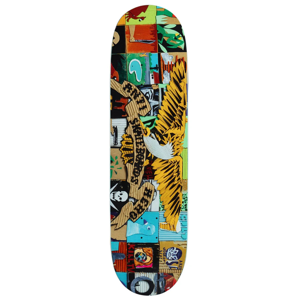A skateboard deck featuring a highly detailed, colorful collage-style graphic print with a large golden eagle motif and various abstract and illustrative panels.