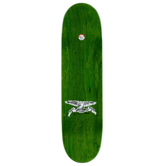 A green skateboard deck with a white graphic of a bird and the word 'SKELETAL' printed near the bottom, shown against a plain white background.