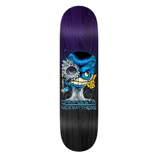 Skateboard deck with a blue skull design and 'Simplestix' branding on a white background