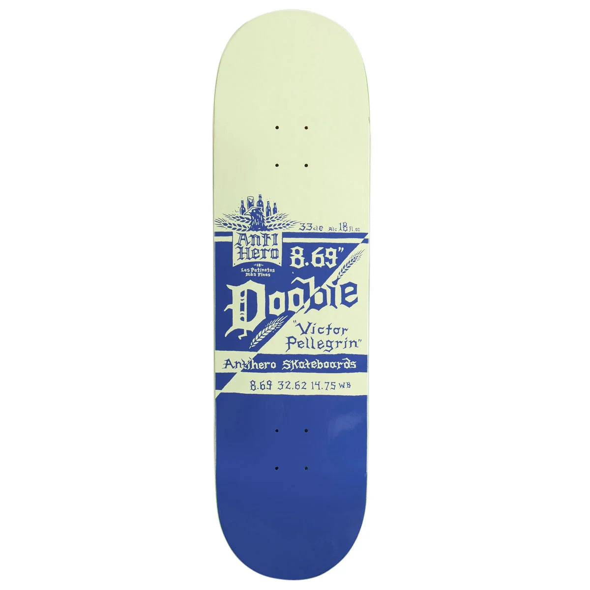 A vintage-style skateboard deck featuring a cream-colored top half and a blue bottom half, with a blue and white graphic in the center reading 'Antihero' and 'Doodle Victor Pellegrin' 8.63'.