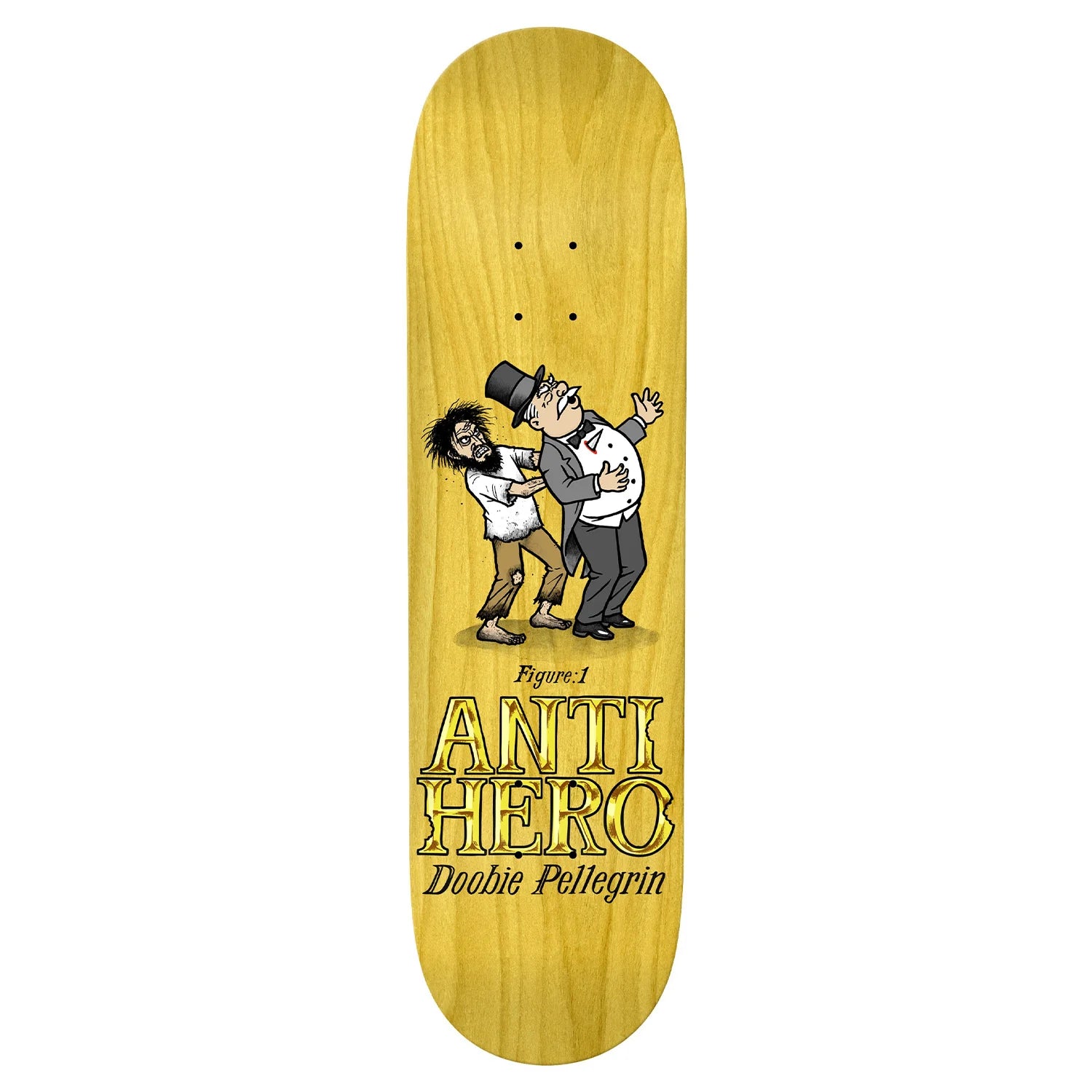 Skateboard deck with a graphic design of two figures and 'Anti Hero' branding on a yellow background.