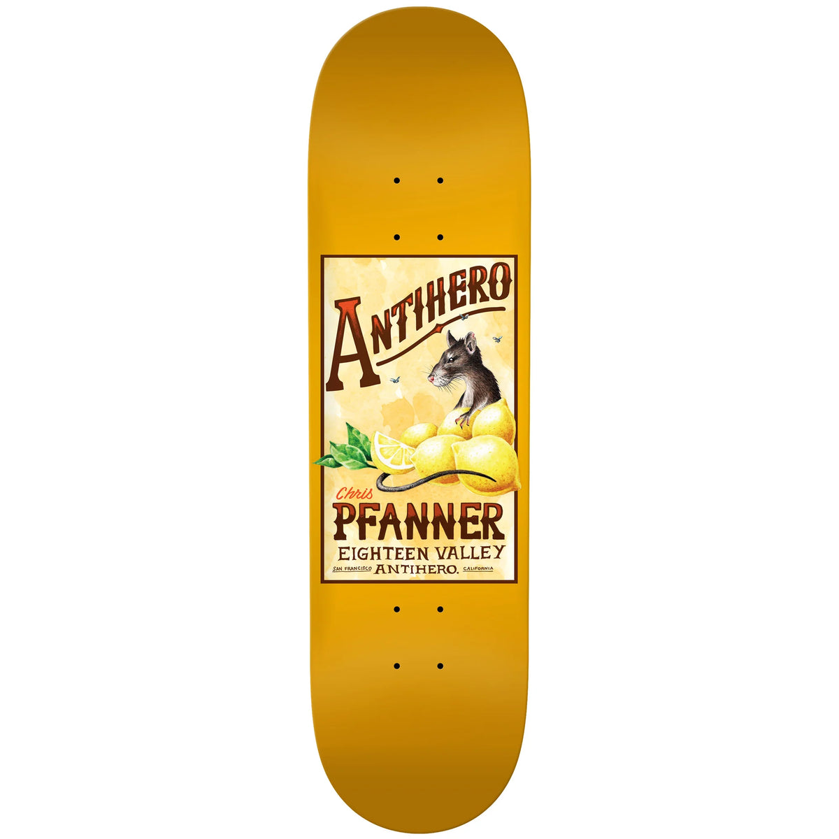 A skateboard deck with a bright yellow-orange background and a large vintage-style graphic in the center. The graphic features the text 'Antihero' and 'Pfanner'.