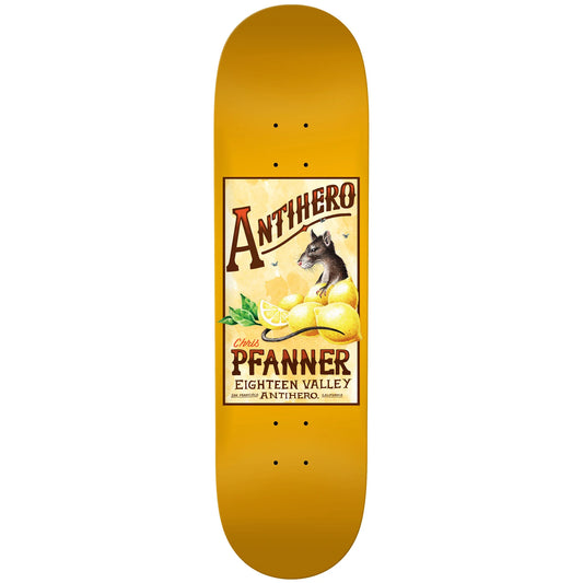 A skateboard deck with a bright yellow-orange background and a large vintage-style graphic in the center. The graphic features the text 'Antihero' and 'Pfanner'.
